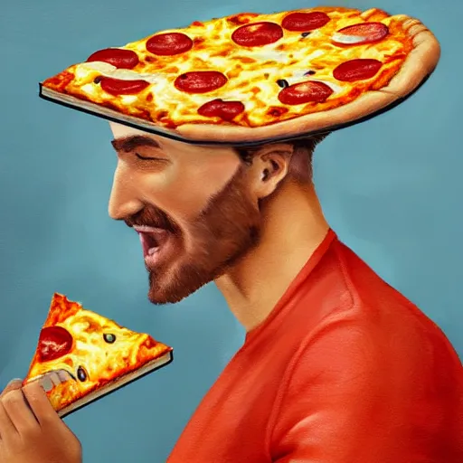 Image similar to an male person eating cheesy pizza, digital art, 3 d, oil painting,