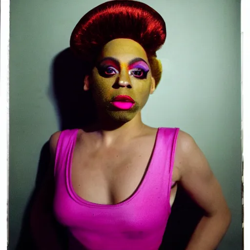 Image similar to realistic photoshoot of a nightlife personality in a club color film photography, portrait of a beautiful drag queen, photo in style of tyler mitchell painting by gottfried helnwein 3 5 mm zeiss lens sharp