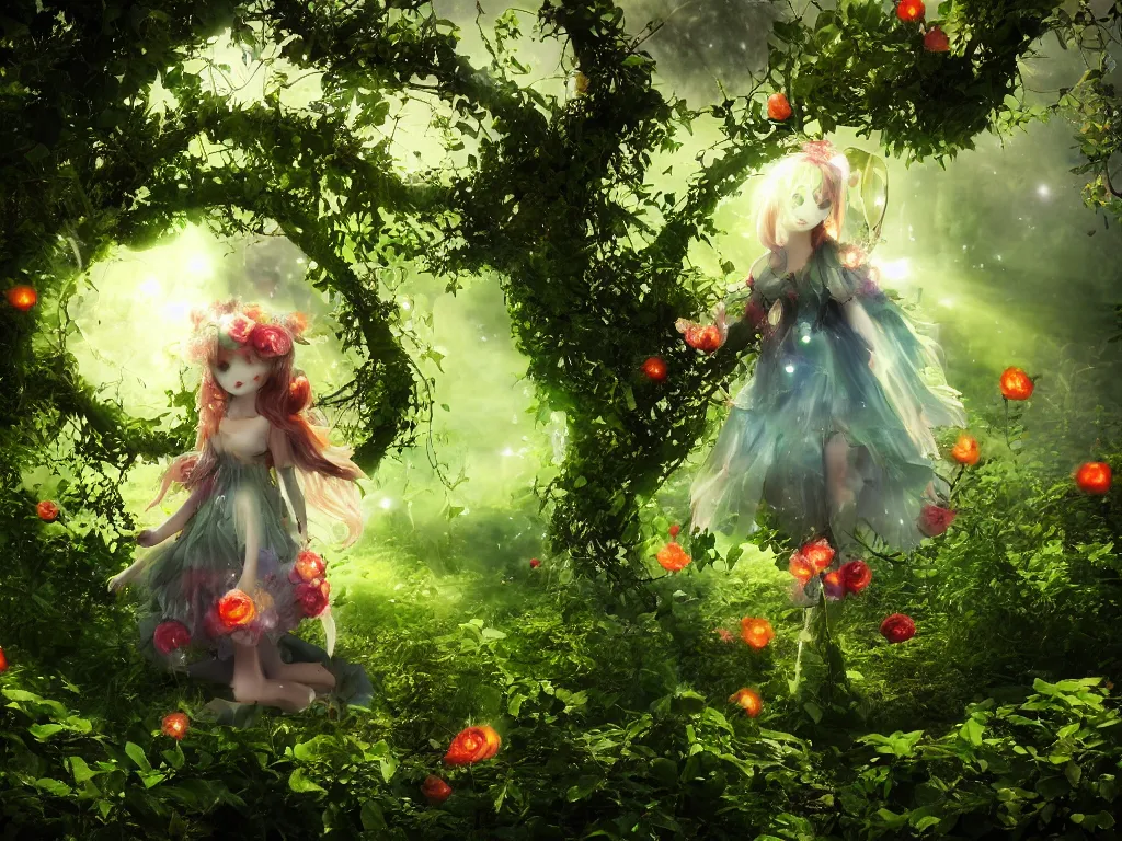 Image similar to cute fumo plush girl among vines in the middle of a lush rose garden, glowing ethereal gothic magical wraith fairy girl, tattered green dress, smoke and orange volumetric fog, blue sky sunshine lens flare, bokeh, vray