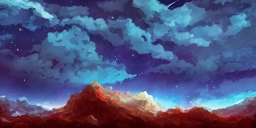 Image similar to willem dafoe, mountain landscape, night sky, digital art, digital painting, celestial, majestic, colorful