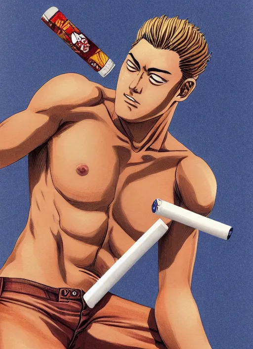 Prompt: Portrait of Onizuka from GTO wearing jeans and no tshirt, masculine and muscular, smoking a cigarette, intricate body, whole body highly detailed, digital painting, artstation, concept art, smooth, sharp focus, illustration, art by Hajime Sorayama