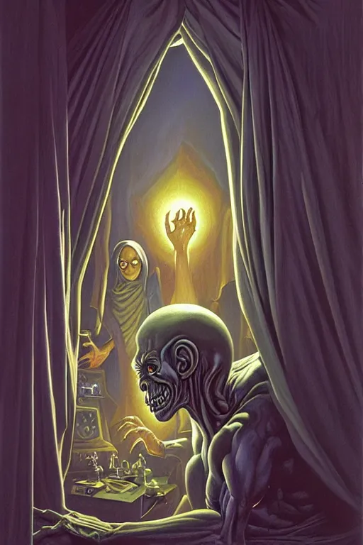 Prompt: classic oil painting, a tall gray alien with big black eyes opening the door, as a dnd character, inside a cluttered bedroom at night, abduction, probe, highly detailed, digital illustration, concept art, smooth, sharp focus, art by tim hildebrandt, and alex grey