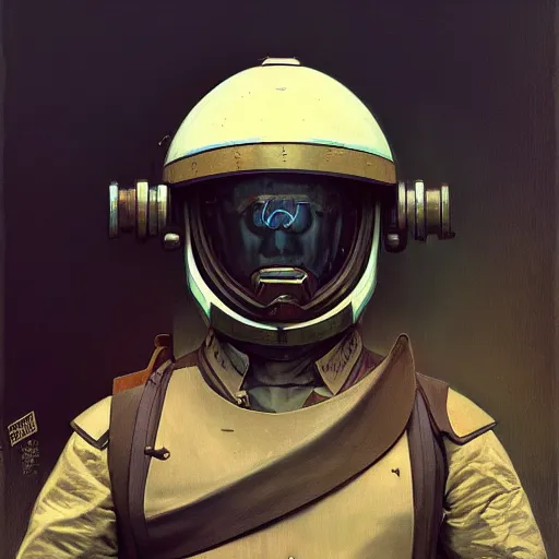 Image similar to portrait of a vicotrian engineer in suit with helmet by darek zabrocki and greg ruthkowski, alphonse mucha, simon stalenhag and cinematic and atmospheric, concept art, artstation, trending on artstation