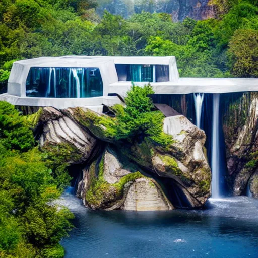 Image similar to a futuristic modern house, on a floating rock island, alien planet covered in water, multiple waterfalls, multiple moons glowing, stars, frank gehry,