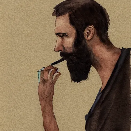 Image similar to watercolor painting of a man with a beard smoking a cigarette, he is wearing a brown sweater, dark style, dramatic lighting