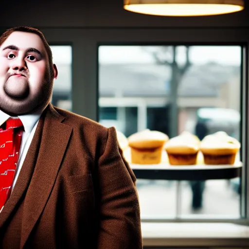 Prompt: Close up portrait of a chubby man wearing a brown suit and necktie with a bakery in the background. Photorealistic. Award winning. Dramatic lighting. Intricate details. UHD 8K. He looks about to cry.