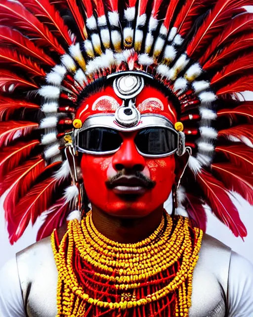 Image similar to photo of a Dramatic Theyyam male dancer with red indian headgear painted face wearing futuristic goggles space helmet and Roman soldier metallic armour with traditional theyyam costume in the style of stefan kostic, full body, feather native american headgear, realistic, sharp focus, symmetric, 8k high definition, insanely detailed, intricate, elegant, art by stanley lau and artgerm, Hajime Sorayama, William-Adolphe Bouguereau