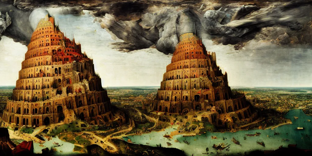 Image similar to The Tower of Babel by Bruegel arounded by a fiery thunderstorm with a tornado, trending on artstation, artstationHD, photorealistic