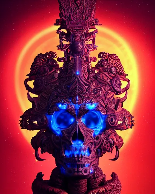 Image similar to 3 d ornate carved dark cosmic warrior with profile portrait, sigma 5 0 0 mm f / 5. beautiful intricate highly detailed quetzalcoatl skull. bioluminescent, plasma, lava, ice, water, wind, creature, thunderstorm! artwork by tooth wu and wlop and beeple and greg rutkowski, 8 k trending on artstation