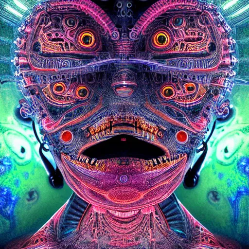 Prompt: symmetrical close up roboter face with eyes and mouth, black background, shaman, colorful, psychedelic trip, patterns, fine mandelbrot fractal lace, 1 5 0 mm, soft rim light, elegant, hyper real, ultra detailed, octane render, giger beksinski, 1 6 k - n 4
