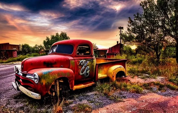 Image similar to A beautiful colorful evening scene of route66, old road with abandoned gas station and rusty old pickup truck, hyper realistic, blinding backlight evening sun, sparkling sun rays, epic scene, intense setting, evening vibe