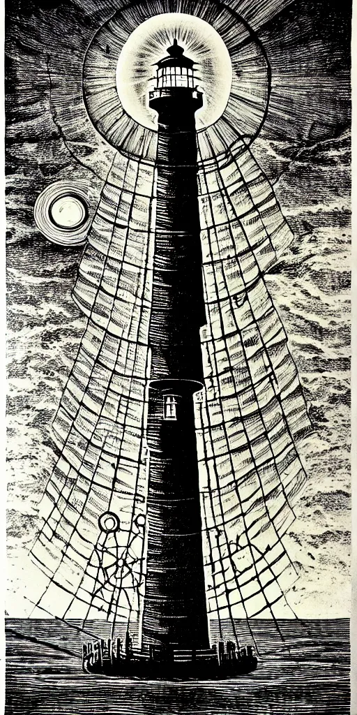 Image similar to an epic lighthouse radiates a unique canto'as above so below'while being ignited by the spirit of haeckel and robert fludd, breakthrough is iminent, glory be to the magic within, in honor of saturn, painted by ronny khalil