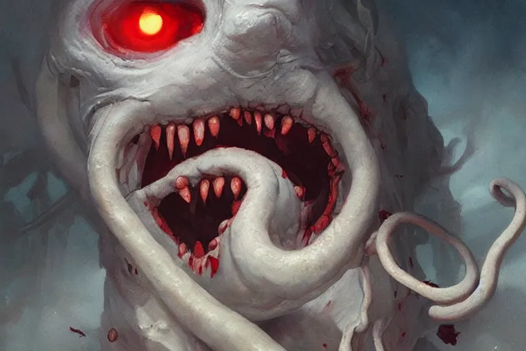 Image similar to painting by greg rutkowski of a flying crying human head and face that is chalk white in color, with tentacles coming of the neck, fiery red eyes, flying in a terrying hell like cavernous place