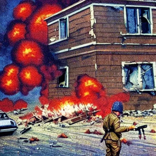 Image similar to color photo from the 80s, the shelling of a house in New York by Soviet soldiers, Many soldiers,epic style, a bunch of explosions, realistic style