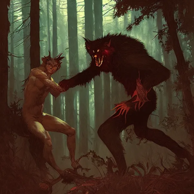 Prompt: a male werewolf with long claws fighting a young fit male vampire in a dark forest at night, by greg rutkowski and alphonse mucha, gradient brown to red, highly detailed, digital painting, artstation, concept art, smooth, sharp focus illustration