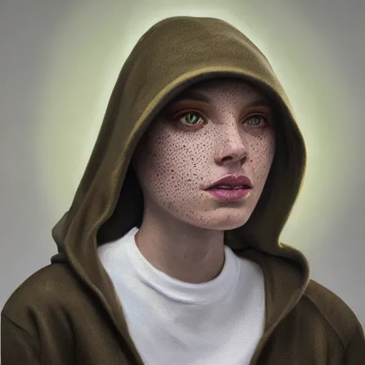 Prompt: woman with freckles, short brown hair, green eyes, wearing a grey hooded sweatshirt, trending on artstation, oil painting, volumetric light