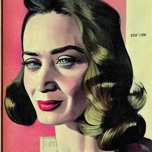 Prompt: “Emily Blunt portrait, color vintage magazine illustration 1950”