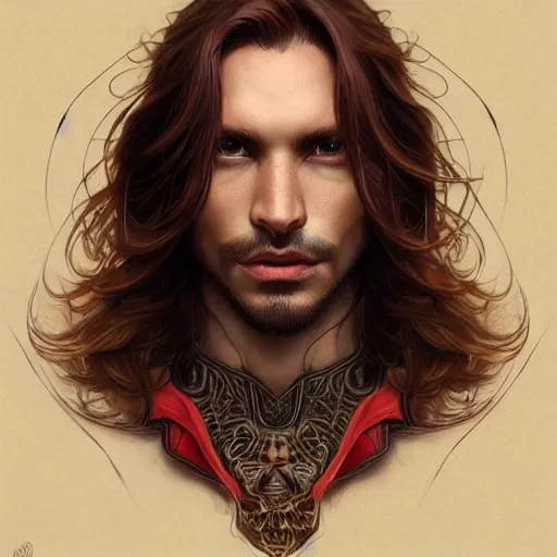 Image similar to portrait of a panther with a humanoid face, male, handsome, masculine, full body, red hair, long hair, soft hair, fantasy, intricate, elegant, highly detailed, suit, coffee shop, digital painting, artstation, concept art, character art, smooth, sharp focus, illustration, art by artgerm and greg rutkowski and alphonse mucha