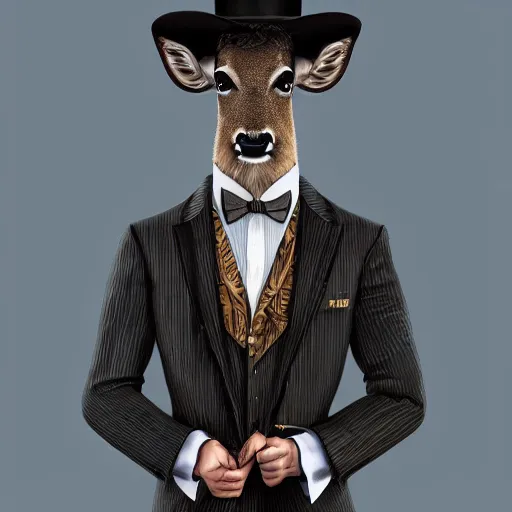 Image similar to a upper body portrait of a deer lord in a pinstriped suit and pants wearing a monocle and a fedora by artgerm and wlop, intricate detail, digital art, photorealistic, trending on artstation