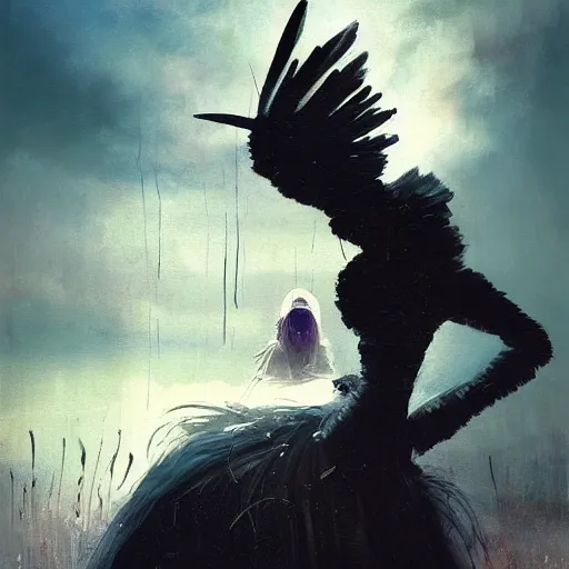 Image similar to morning, a woman in a black dress with a raven head. no face. sun, cinematic, clouds, vogue cover style, contracting colors mood, realistic painting, intricate oil painting, high detail, figurative art, poster art, by simon bisley, ismail inceoglu, wadim kashin, filip hodas. pixar theme.