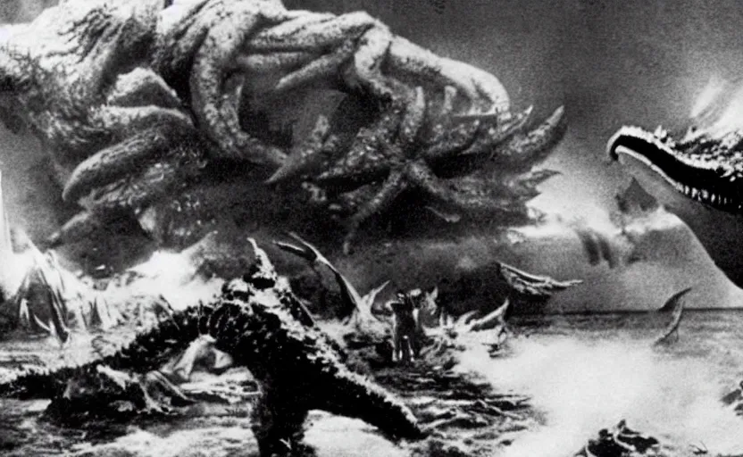 Image similar to a filmstill of Kim Jong-il and a giant starfish monster destroying Pyongyang, in Godzilla (1954) by Ishirō Honda, epic ultrawide shot, cinémascope