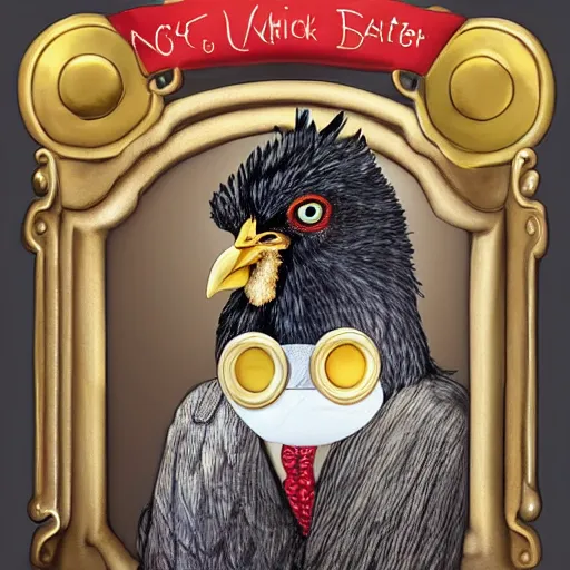 Prompt: a chicken butler with a fancy mustache and a monocle, highly detail, digital art, accurate anatomy,