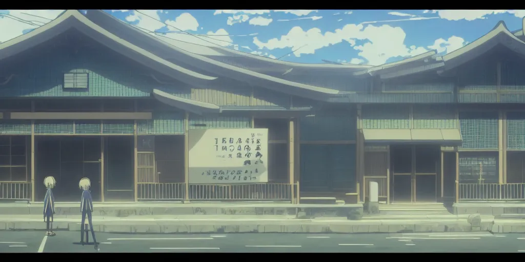 Prompt: close up front view of a japanese building facade with signs on it, a screenshot from the anime film by Makoto Shinkai with dramatic lighting