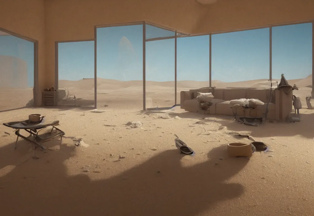 Image similar to kodak portra 4 0 0 photographic and realistic, interior of a living room, detailed, octane render, unreal engine, 4 k, artstation, hyper realistic, wide angle, floor flooded with sand, desert, dunes, objects partially buried, 3 5 mm, sharp focus, soft light, volumetric light, in the style of gregory crewdson
