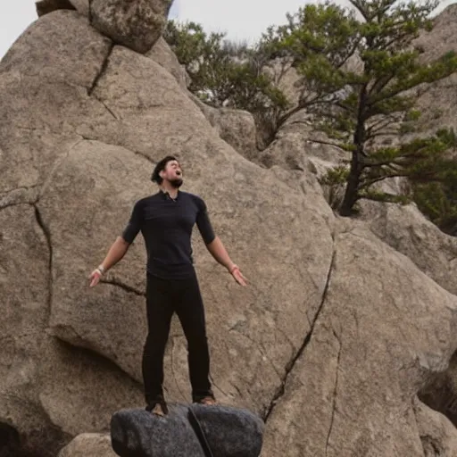 Image similar to dwayne jonson standing on a rock and singing in a rock concert