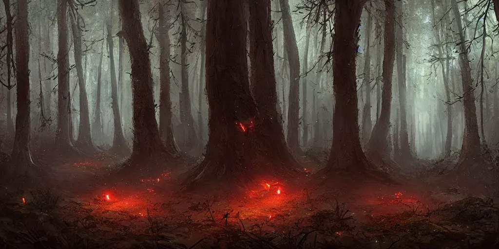 Image similar to fire flies in an ancient dark forest, greg rutkowski, 8 k, shallow depth of field, ultra high detail, concept art,