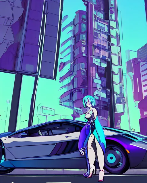 Image similar to cel shaded art of a pretty blue haired girl standing next to a purple lamborghinil, cyberpunk city street background
