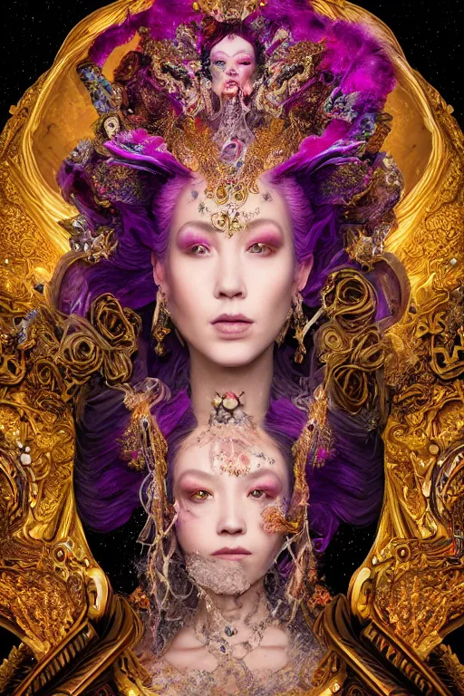 Image similar to a beautiful empress portrait, with a brilliant, impossible striking big cosmic galaxy headpiece, clothes entirely made out of cosmos chaos energy, symmetrical, dramatic studio lighting, rococo, baroque, jewels, asian, hyperrealism, closeup, D&D, fantasy, intricate, elegant, highly detailed, digital painting, artstation, octane render, 8k, concept art, matte, sharp focus, illustration, art by Artgerm and Greg Rutkowski and Alphonse Mucha