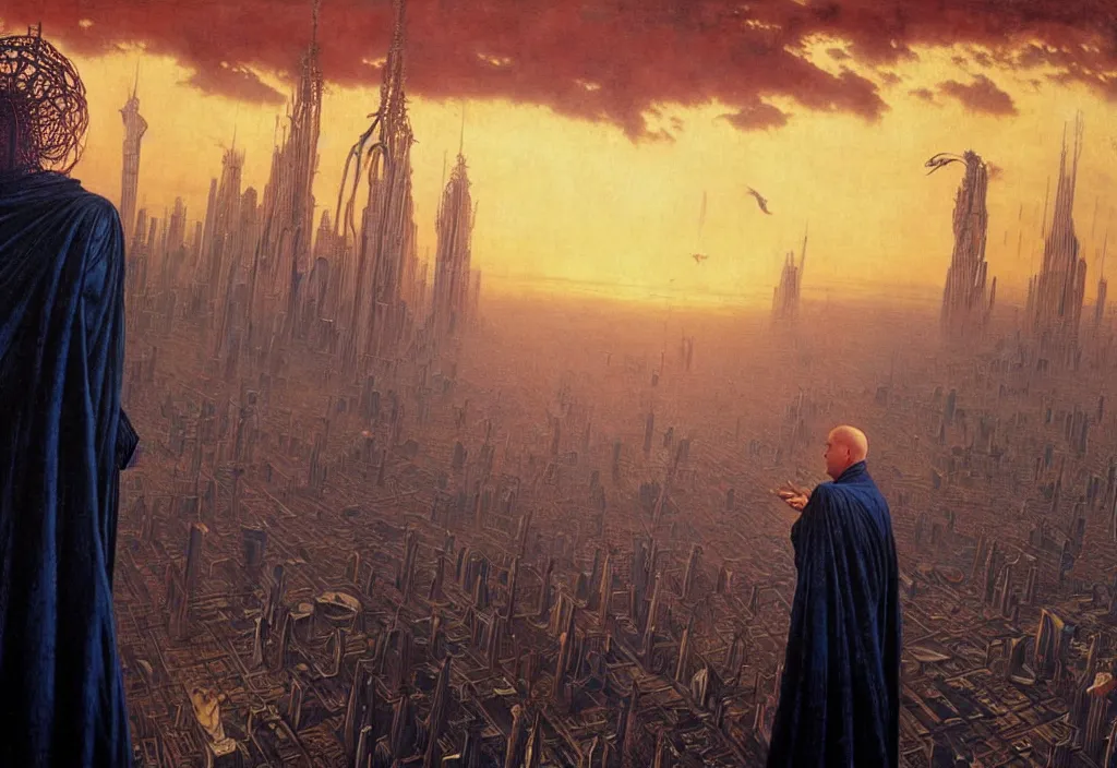 Image similar to realistic detailed portrait movie shot of a birdman wearing dark ragged robes, futuristic city sunset landscape background by denis villeneuve, amano, yves tanguy, alphonse mucha, ernst haeckel, max ernst, roger dean, rich moody colours, cinematic