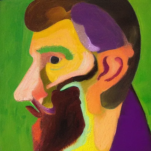 Prompt: bearded beautiful man, broad brush, dry brush, purple, white, green colour scheme oil on canvas, by joshua miels, willem de kooning