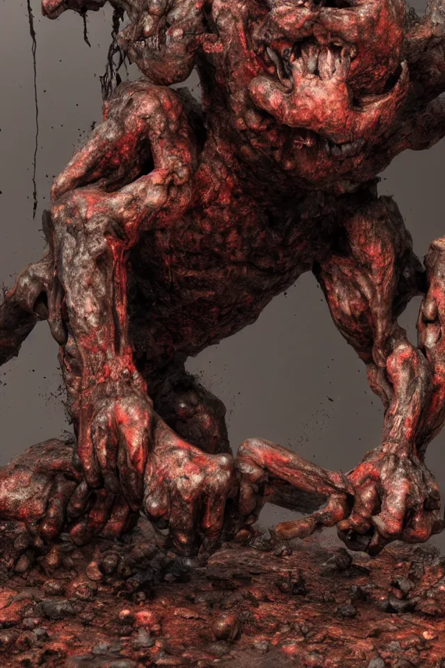 Image similar to cave troll stained with soot and rust, with long claws on the hands and a small insect head, hyperrealistic, octane render, HDR, photorealistic