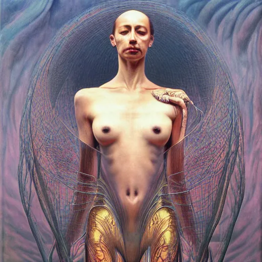 Prompt: sade by zdzisław beksinski, iris van herpen, alexander mcqueen, raymond swanland and alphonse mucha. highly detailed, hyper - real, beautiful