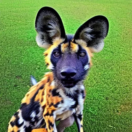 Image similar to Look at this african painted dog with his huge radar ears- positively fluffsome all around and no doubt prone to rambunctiousness. I suspect he is to be engaged in mischief soon.