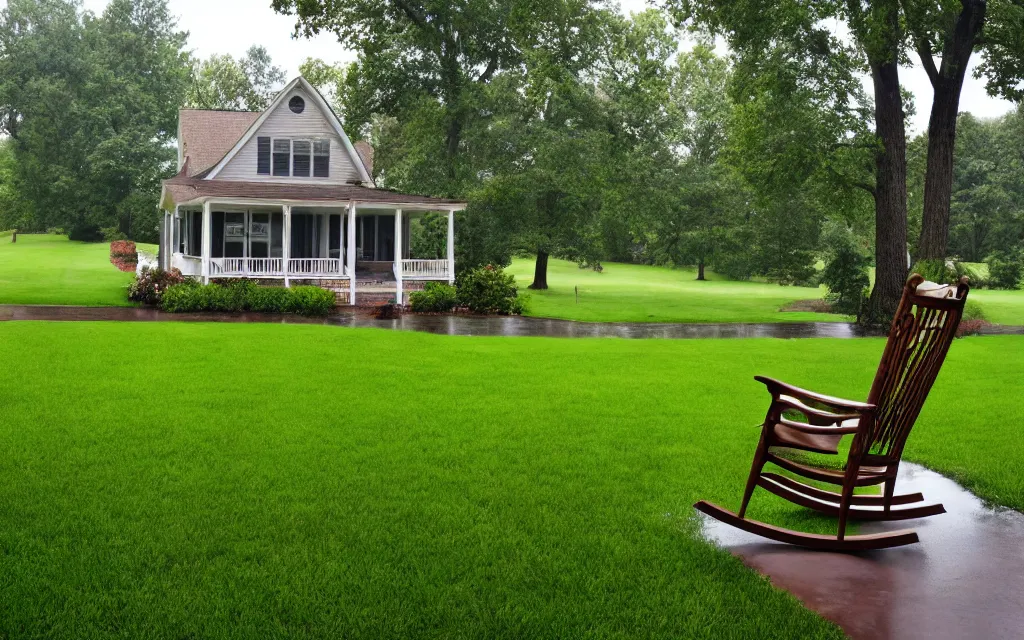 Prompt: point of view from the porch of a house, rocking chair, rain, grass photo realistic