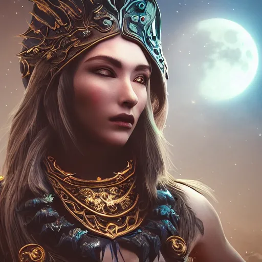 Prompt: portrait of moon sorceress, beautiful, attractive, glowing, jaw dropping, dynamic lighting, dark, menacing, intricate and detailed, 4 k octane render, age 2 1