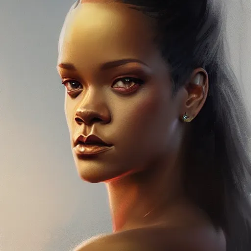 Image similar to “ portrait of rihanna by greg rutkowski, young, attractive, highly detailed portrait, scifi, digital painting, artstation, concept art, smooth, sharp foccus ilustration, artstation hq ”