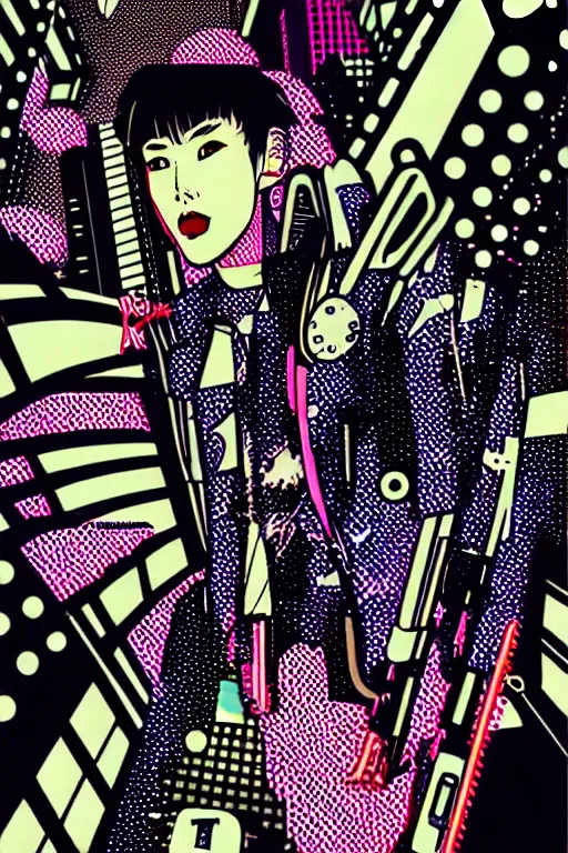 Image similar to futuristic japanese cyberpunk by roy lichtenstein, by andy warhol, ben - day dots, pop art, bladerunner, pixiv contest winner, cyberpunk style, cyberpunk color scheme, mechanical, high resolution, hd, intricate detail, fine detail, 8 k