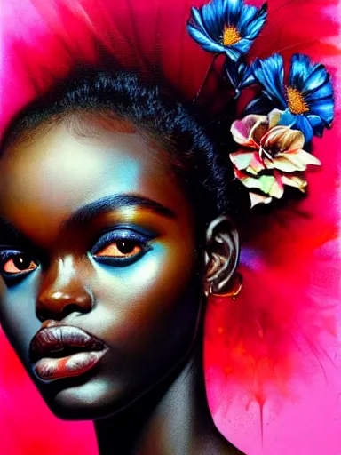 Image similar to portrait of duckie thot with a floral background : : painted by artgerm, karol bak, artur bordalo, sandra chevrier : : portrait, character, illustration, hyperrealism, photorealism,