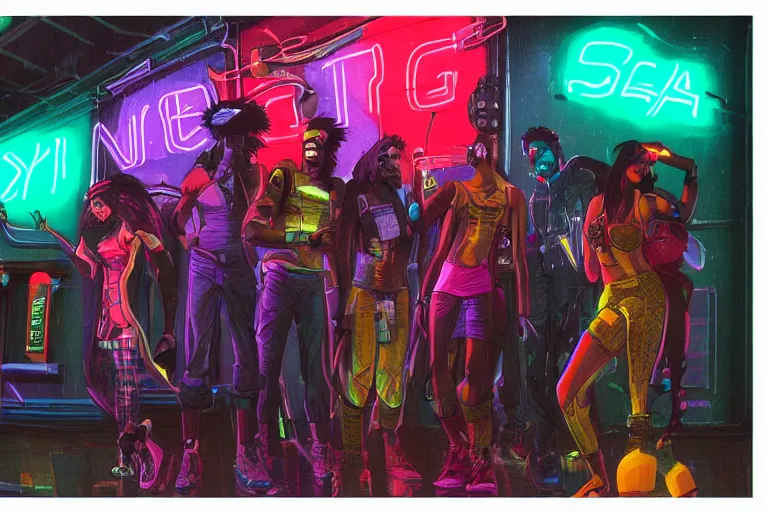 Prompt: a stunning illustration of a group of Afrofuturist cyberpunks standing outside a bar, raining, neon reflections, strong lighting, highly detailed, by Antunesketch, HD, 4K