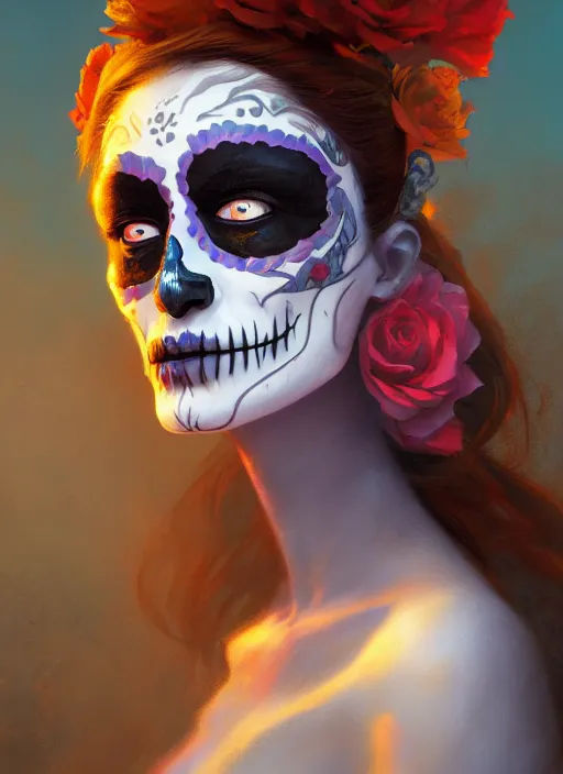 Image similar to portrait of dia de muertos, extremely detailed digital painting, in the style of fenghua zhong and ruan jia and jeremy lipking and peter mohrbacher, mystical colors, rim light, beautiful lighting, 8 k, stunning scene, raytracing, octane, trending on artstation