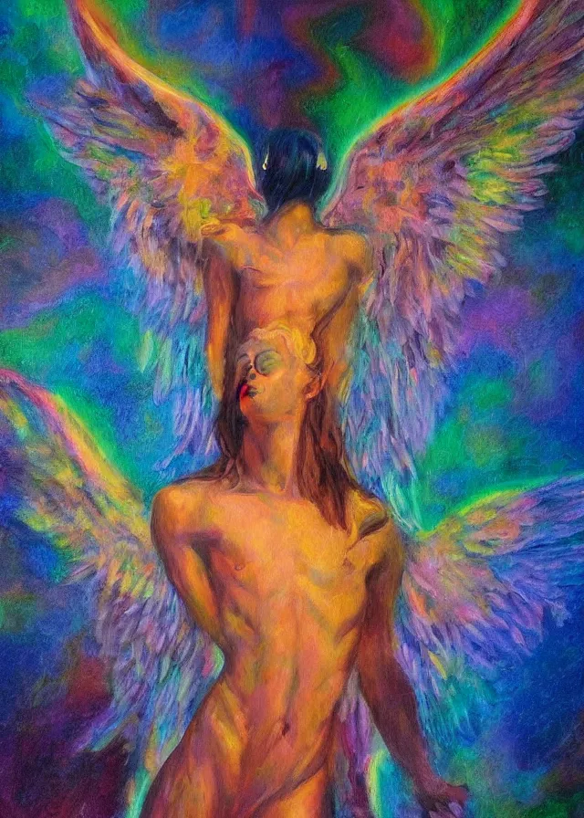 Image similar to Lucifer of the lunar mythos mercurial oil painting angel mist, award winning oil painting, chromatic aberration polychromatic color palette