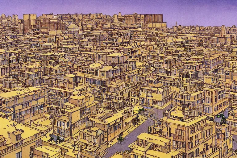 Image similar to a city populated by lemons by moebius