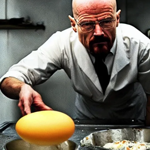 Prompt: walter white cooks an egg, an egg