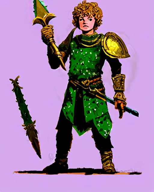 Prompt: beverly toegold the fifth, epic level dnd male halfling verdant paladin of the ancients and green teen, wielding a golden holy sword, wearing magical gleaming chainmail armor. full character concept art, realistic, high detail digital gouache painting by angus mcbride and michael whelan and jeffrey jones