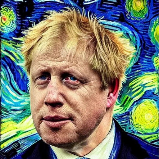 Image similar to detailed portrait of boris johnson on a bad hair day on a starry night painted by van gogh