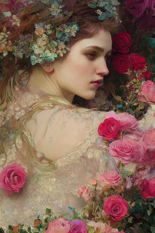 Image similar to an intricate artistic painting of a beautiful bed of roses pattern with painterly motives and textures, hyper detailed, octane render, vivid colors, artstation, by jeremy mann, by alphonse mucha